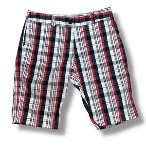 Lija Plaid Striped Red, White, Black Golf Bermuda Shorts Cotton Blend Women’s 10